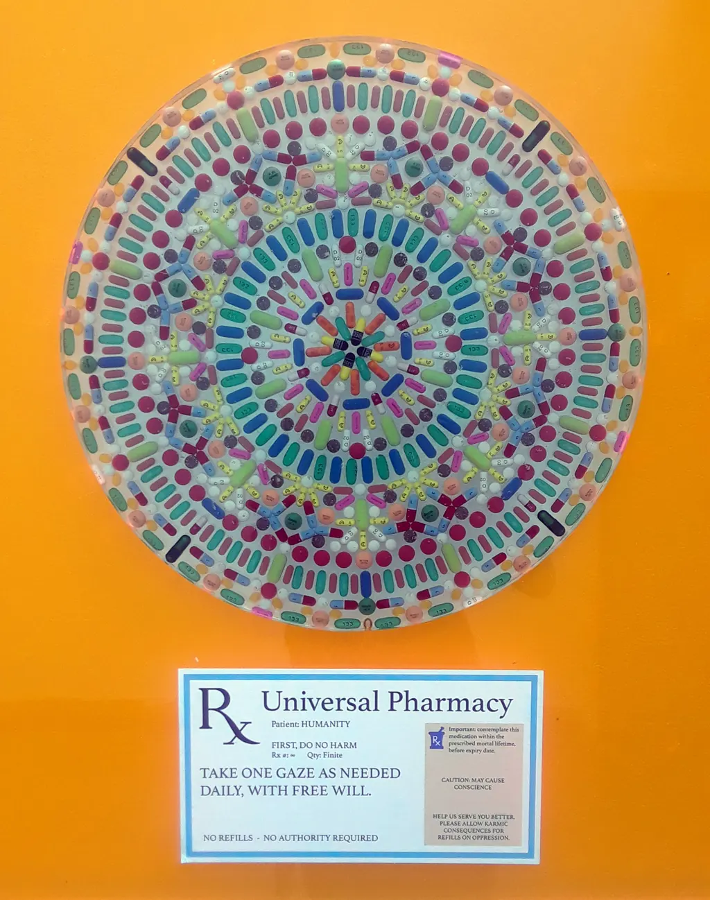 A mandala of pills cast in resin